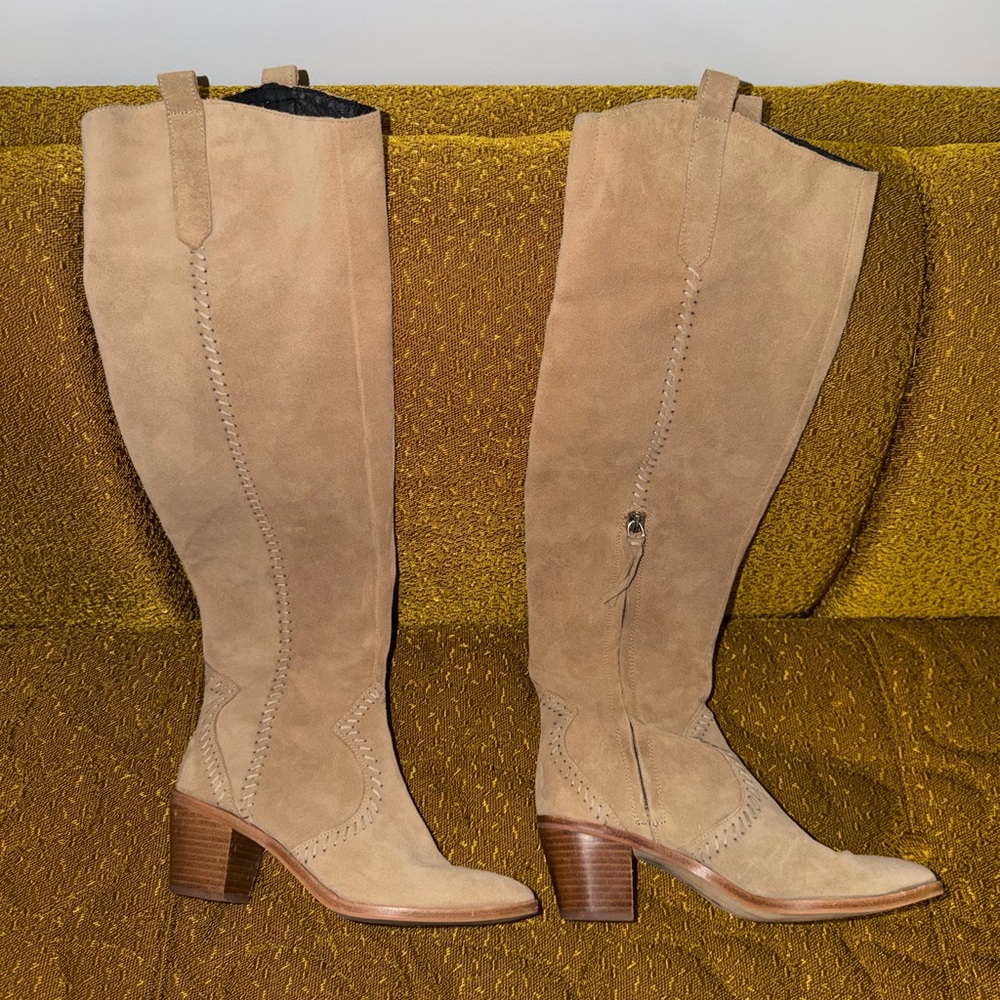🤎 Rebecca Minkoff Suede Knee High Boots Tan Western Block Heel 7.5